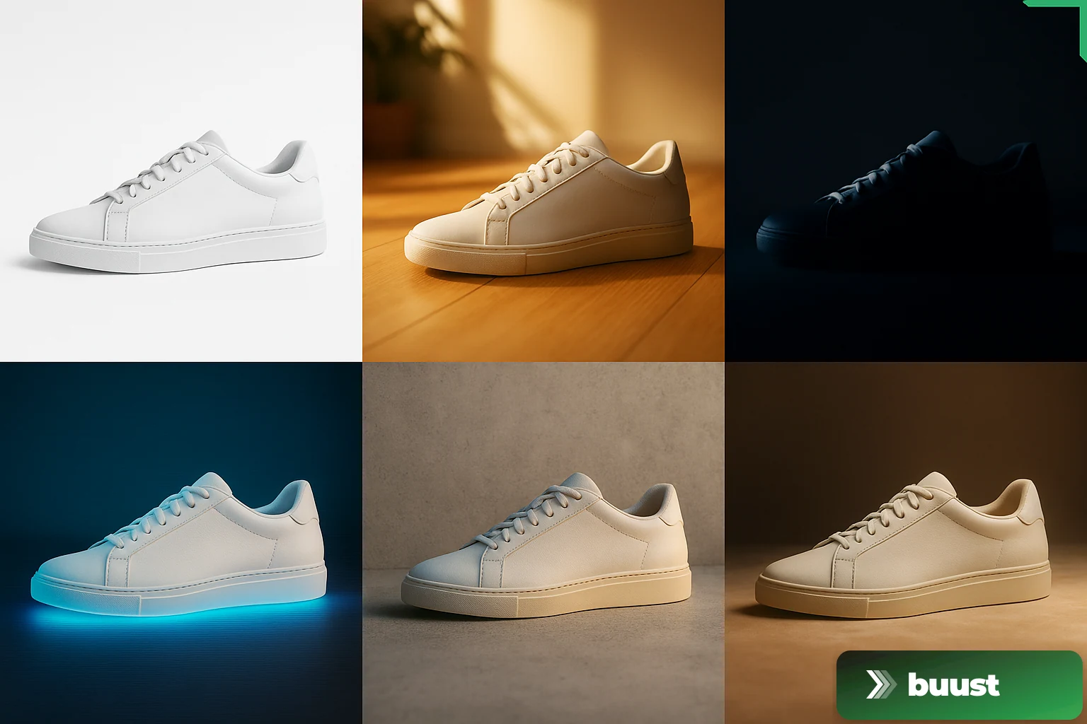 The same sneaker in six different template moods: minimal, lifestyle, cinematic, futuristic, urban, and editorial — showing the same product idea in different brand languages