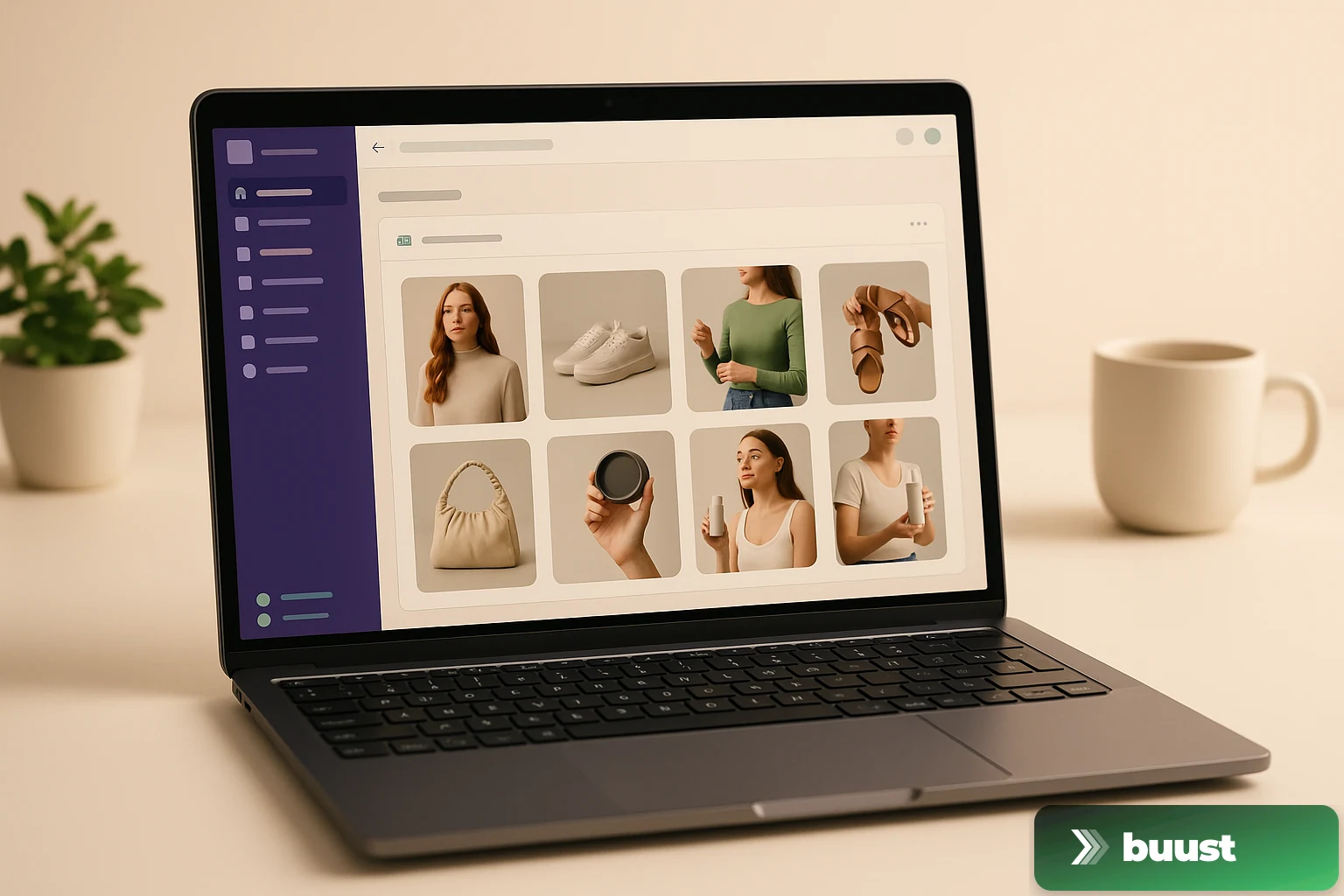 Laptop with the Shopify admin open and the embedded Buust app showing a product-video gallery