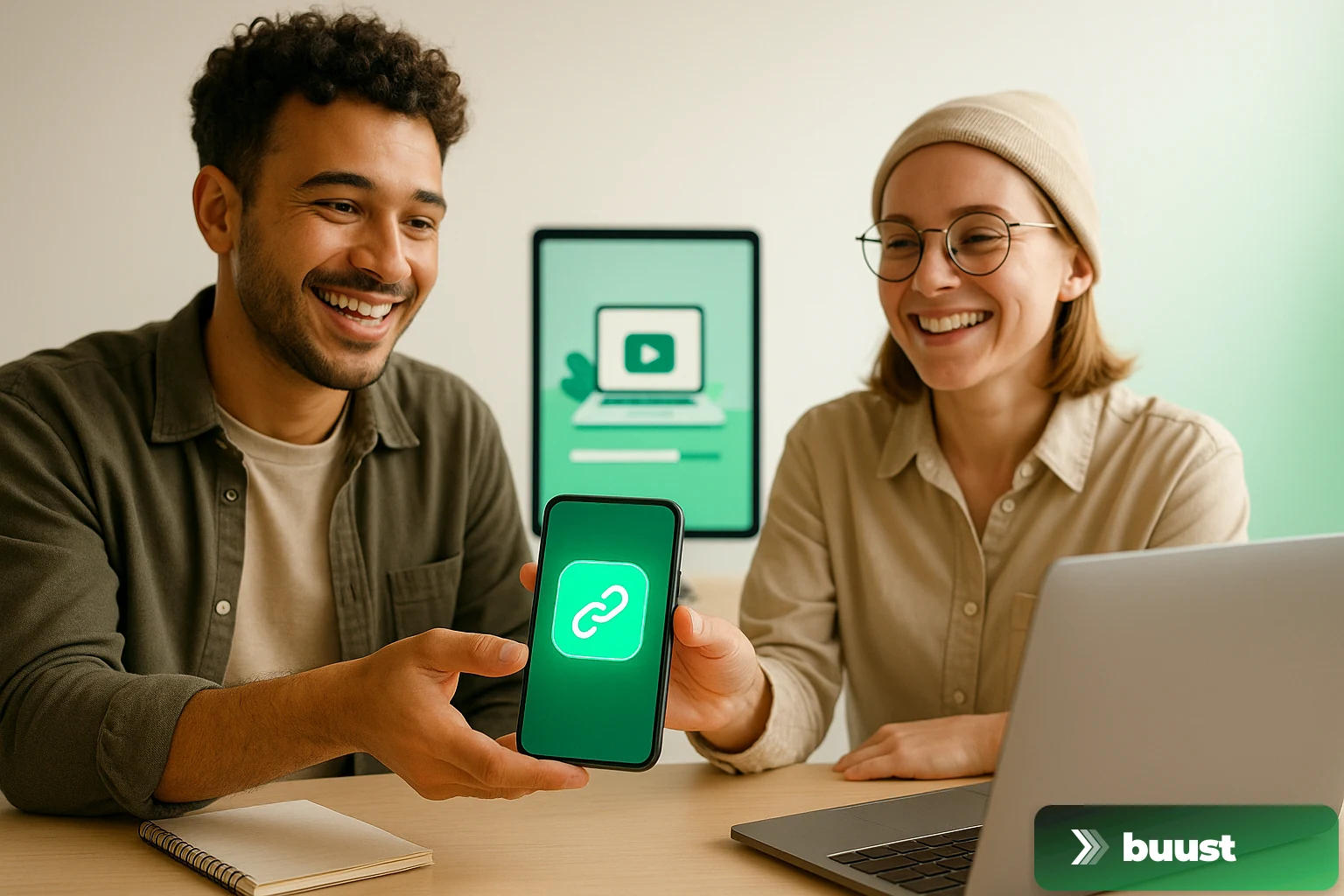 Due venditori sorridenti condividono un link di invito Buust e guardano insieme il video di prodotto finito