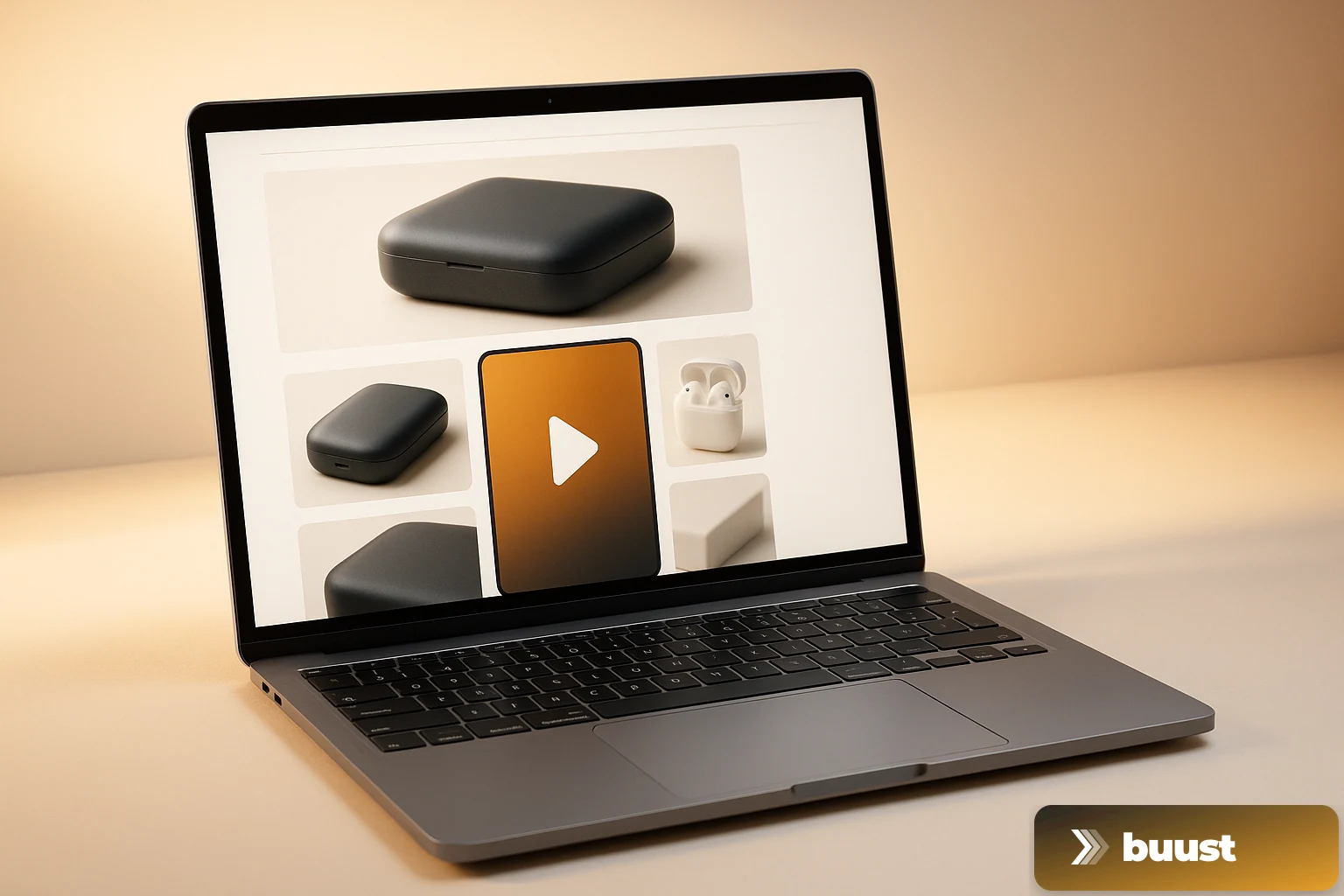 Amazon-style A+ content layout with a multi-image gallery and a prominently placed product-video slot in the middle