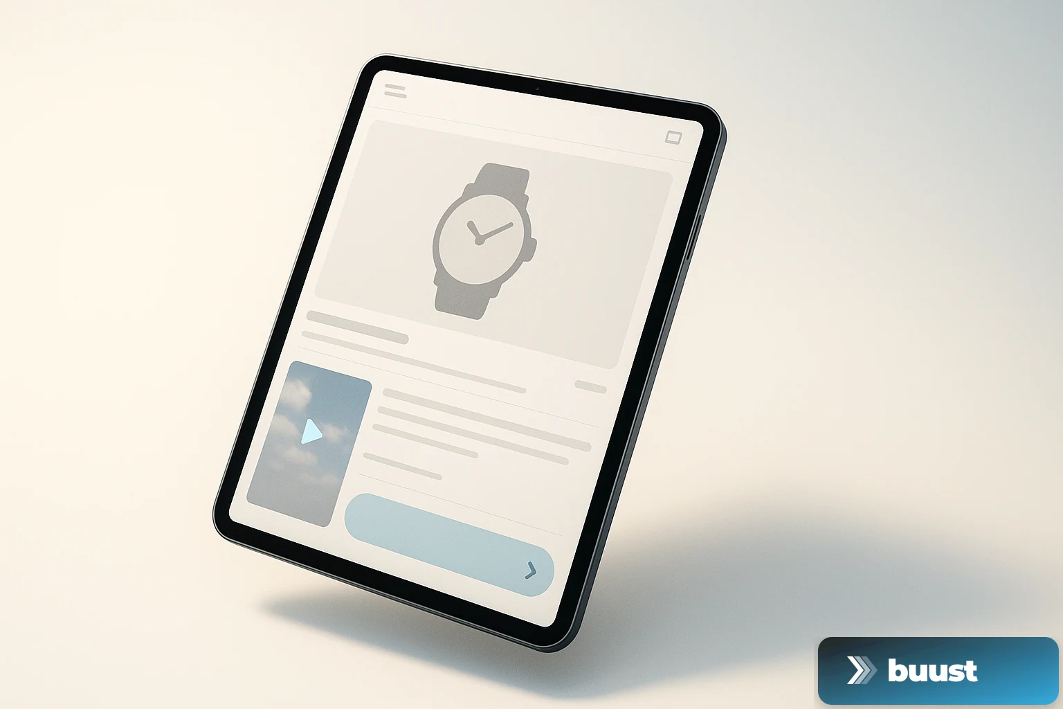 Classic eBay listing mockup on a tablet with a prominent Buy It Now button and an embedded product video frame
