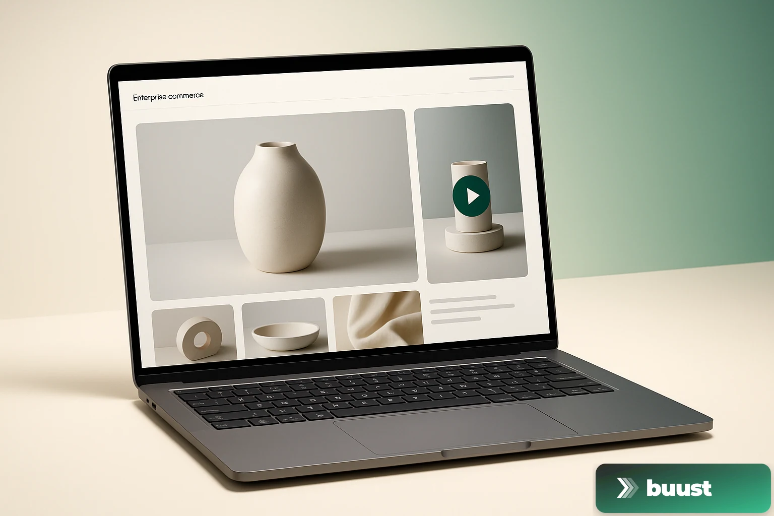Magento or Adobe Commerce product page on a laptop with a product video in the media gallery