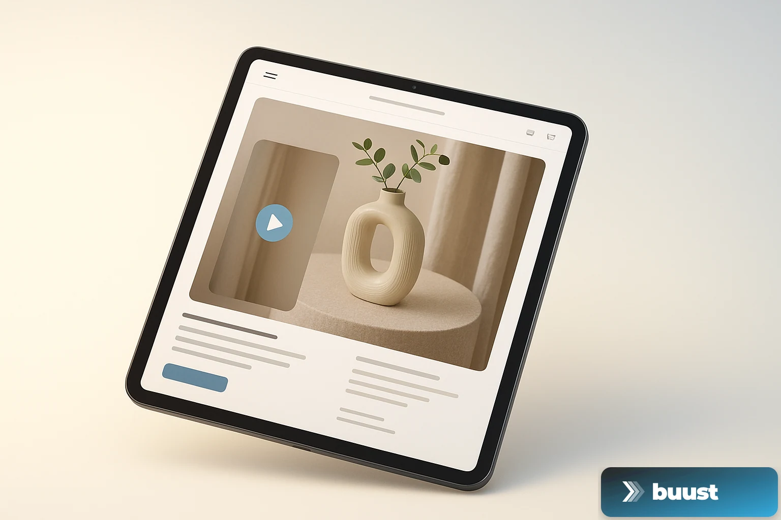 Wix product page mockup on a tablet with a product video frame embedded in the gallery