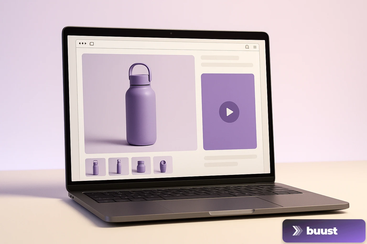 WooCommerce product page on a laptop with an embedded product video frame next to the image gallery