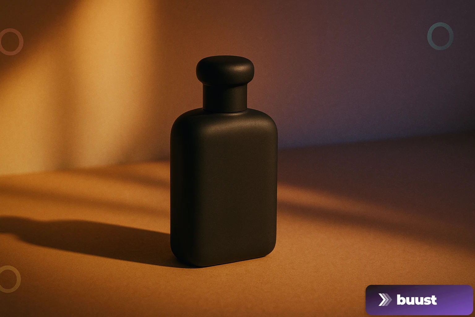Producto de frasco de perfume de alta calidad en una escena cinematic con iluminación cálida y sutiles insinuaciones de anillo de color LUT en el borde de la imagen