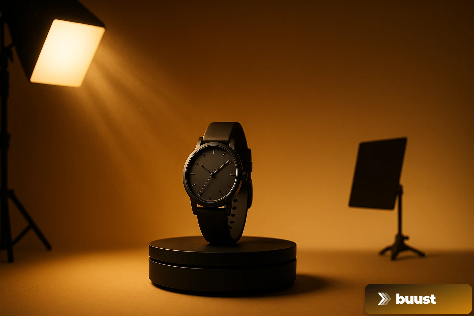Producto premium sobre un plato giratorio en un montaje de estudio profesional con un kit de iluminación y un reflector sutilmente insinuados al fondo