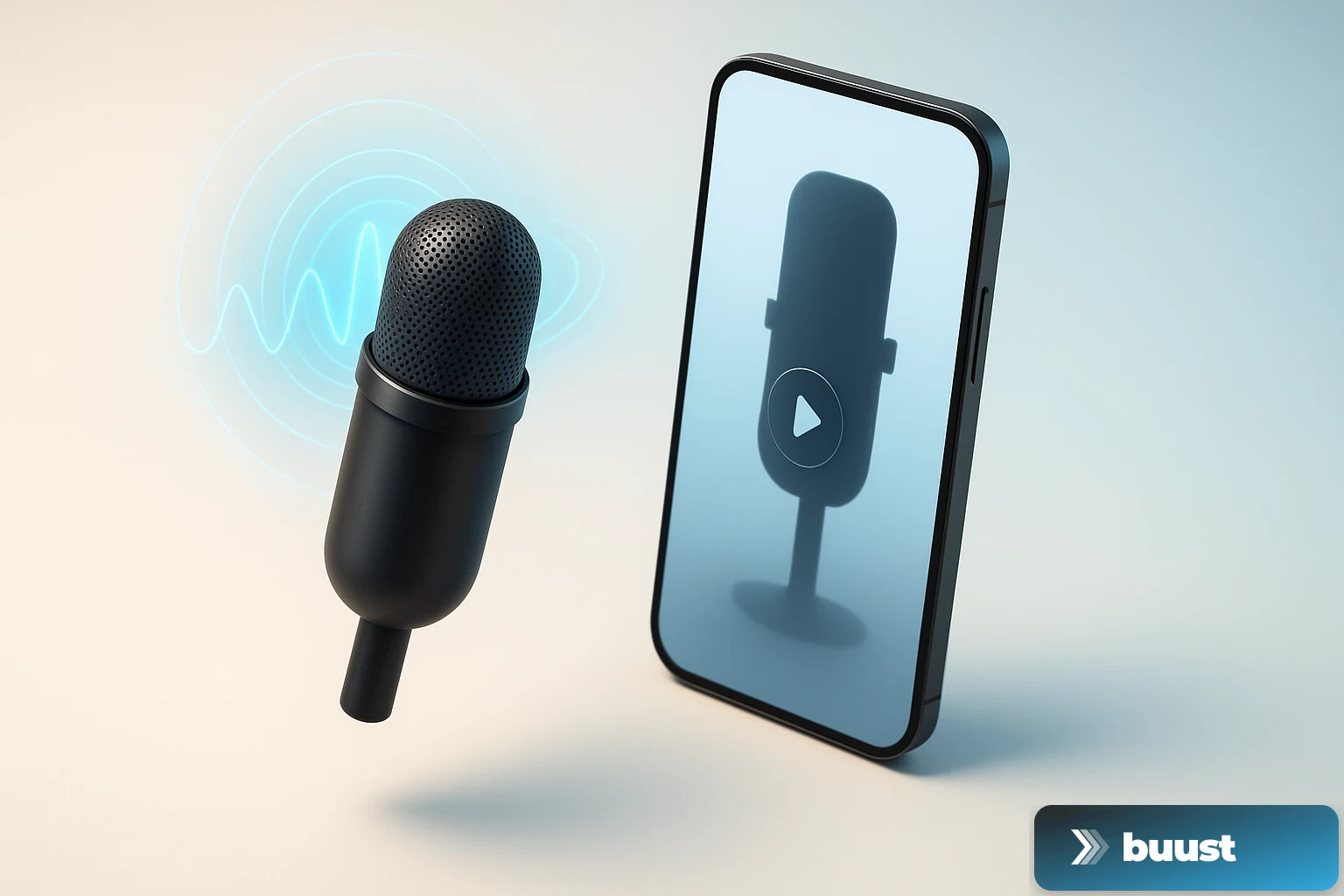 Micro moderne avec une visualisation d'onde sonore pulsée à côté d'un smartphone vertical lisant une vidéo produit avec une voix IA allemande