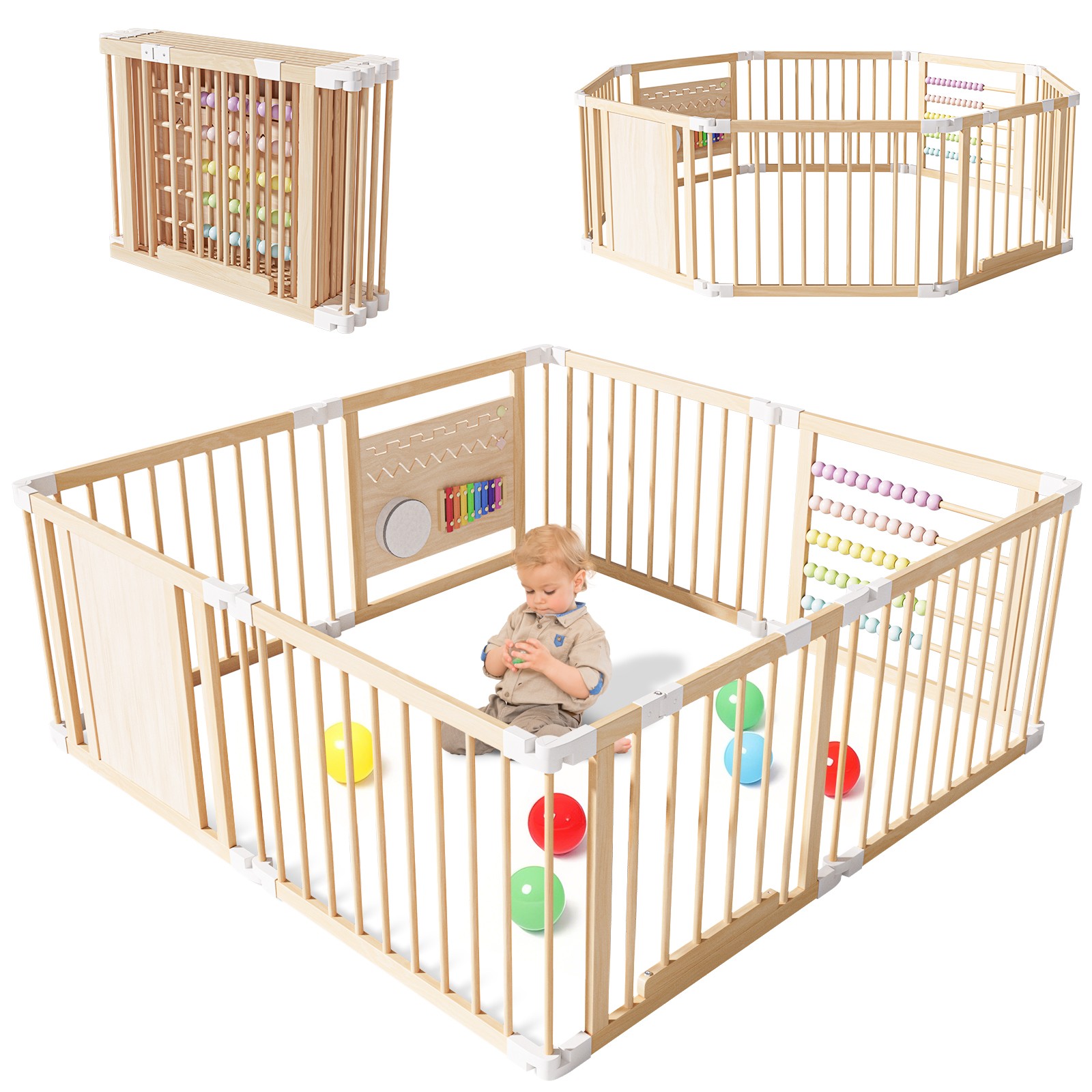 Begonia.K Laufstall Baby Holz mit Spielcenter  Faltbarer Laufstall 6 -10 Paneele