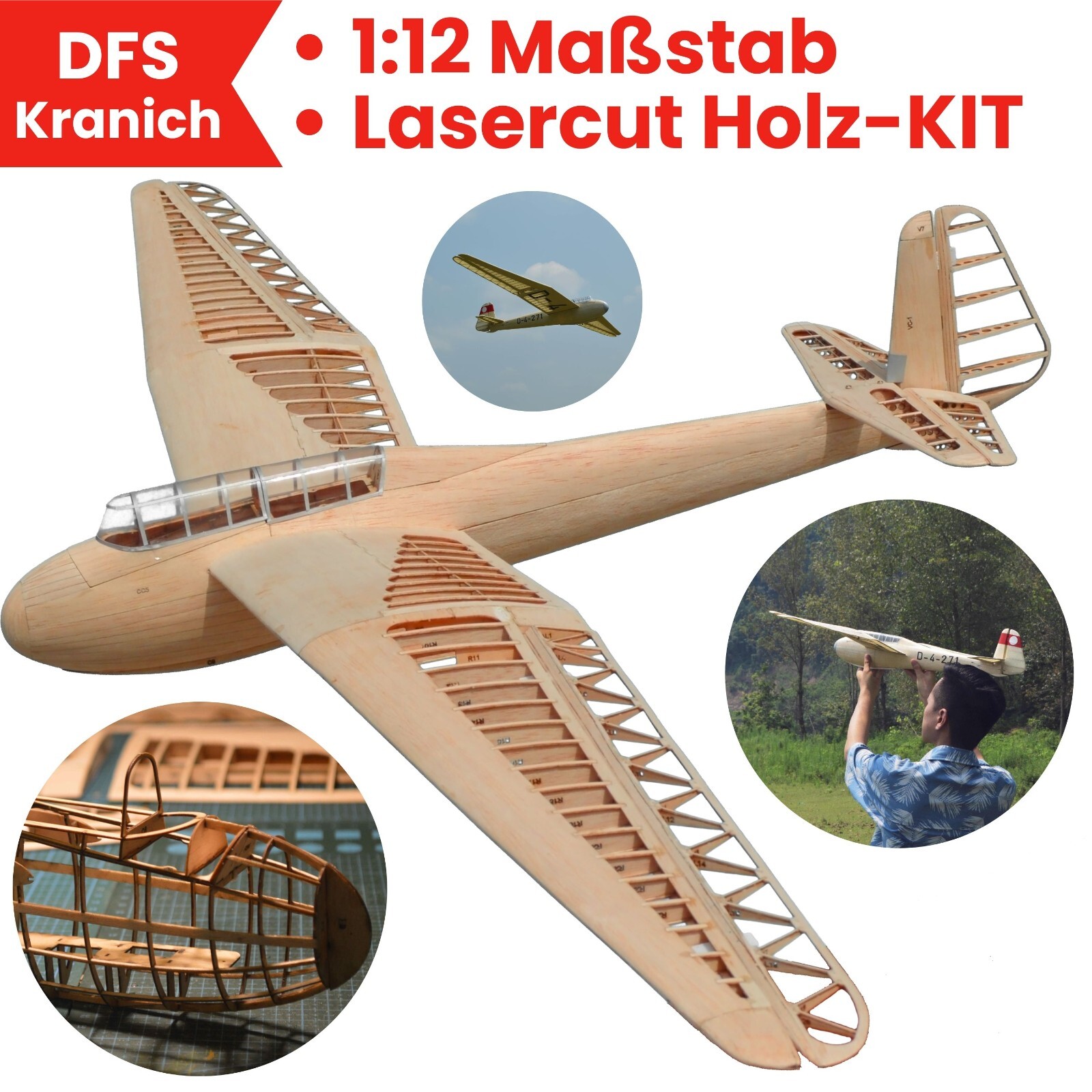 DFS Kranich Modellflugzeug Kit Lasercut RC Holzbausatz Segler Gleiter Flugzeug